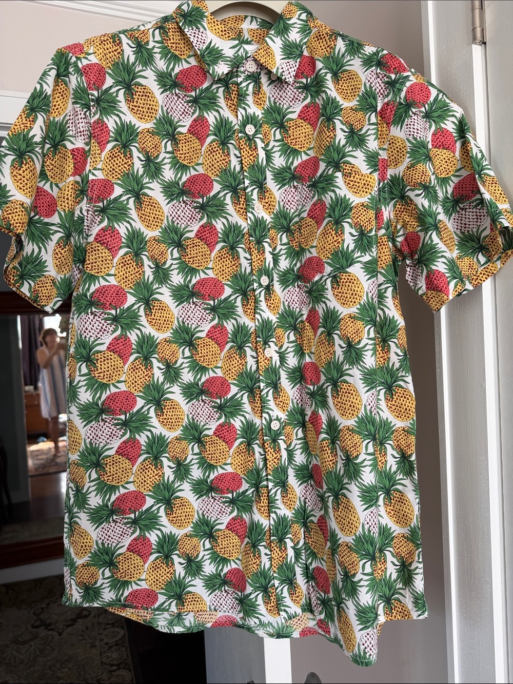 Oxford Pineapple-Print Short Sleeve Dress in White, Green, Yellow, Pink size M